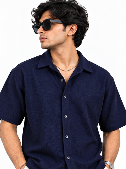 Midnight Weave Navy Blue Textured Men Shirts