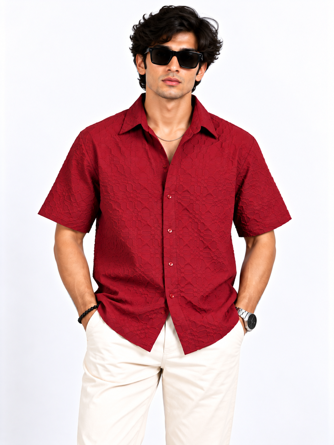 Crimson Edge Deep Red Popcorn Men Shirts