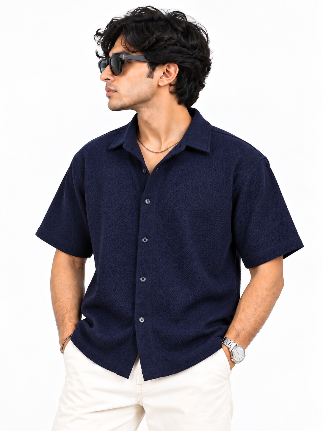 Midnight Weave Navy Blue Textured Men Shirts