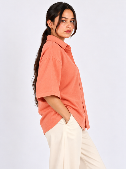 Peach Horizon Textured Corduroy Oversized Shirt for Women