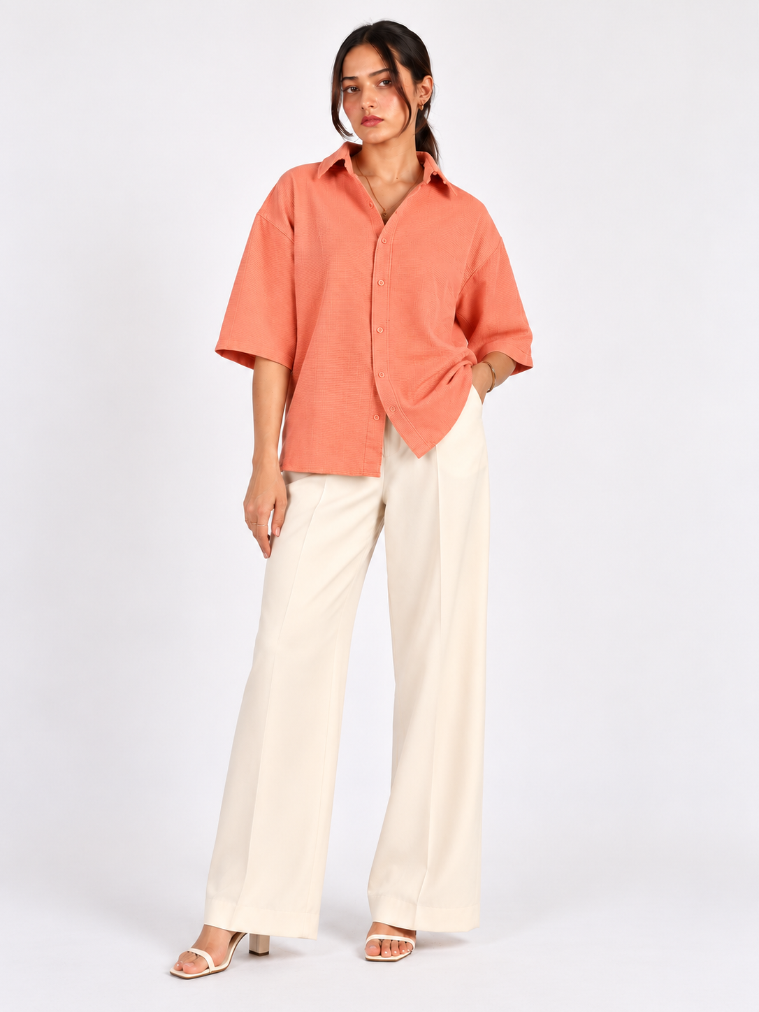 Peach Horizon Textured Corduroy Oversized Shirt for Women