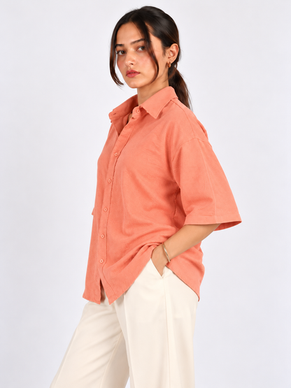 Peach Horizon Textured Corduroy Oversized Shirt for Women