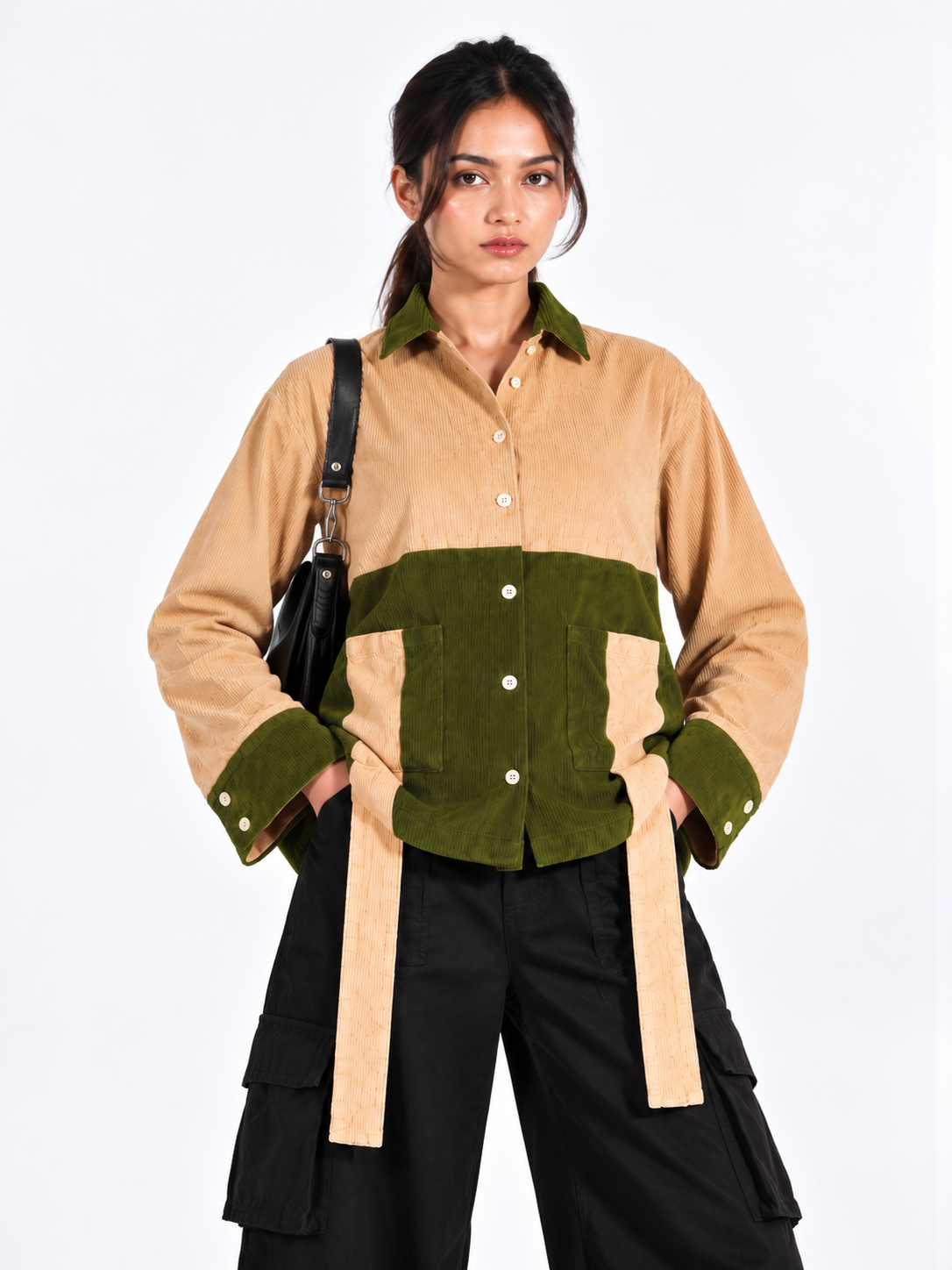 Urban Contrast Beige & Olive Green Corduroy Women's Shirt