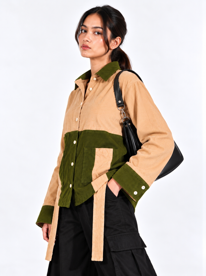 Urban Contrast Beige & Olive Green Corduroy Women's Shirt