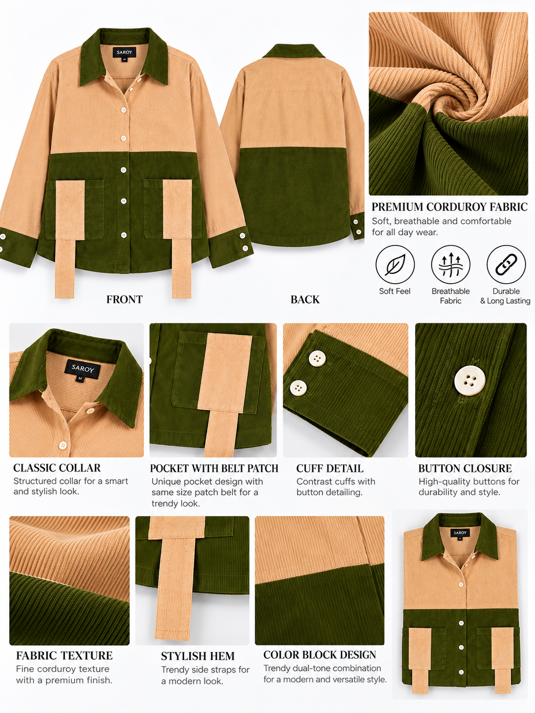Urban Contrast Beige & Olive Green Corduroy Women's Shirt