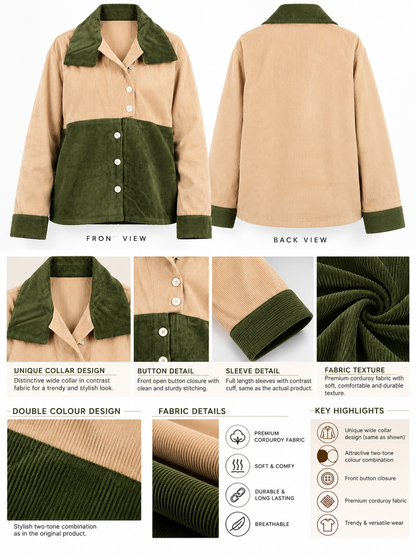 Olive Contrast Beige & Green Corduroy Women's Shirt