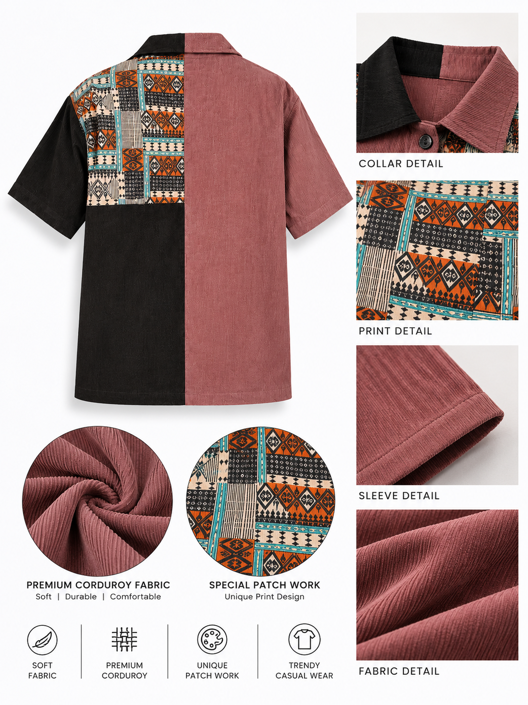 Urban Mosaic Dusty Mauve & Black Patchwork Corduroy Women's Shirt