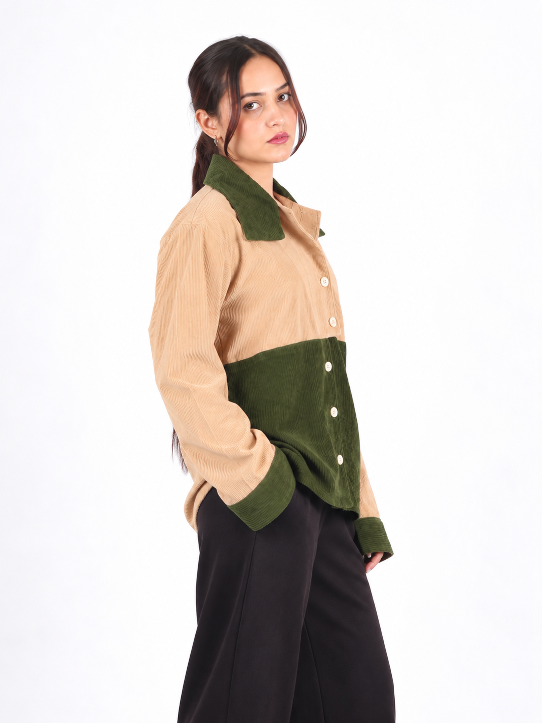 Olive Contrast Beige & Green Corduroy Women's Shirt
