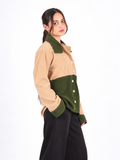 Olive Contrast Beige & Green Corduroy Women's Shirt