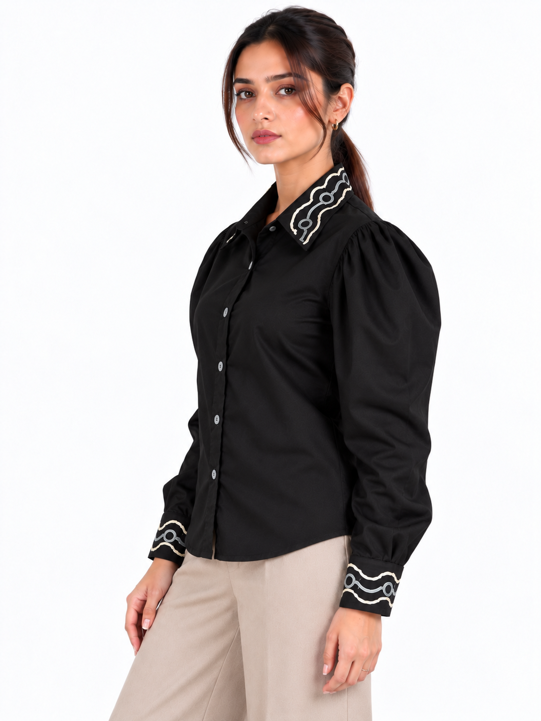 Signature Wave Black Satin Hand Embroidered Puff Sleeve Women's Shirt