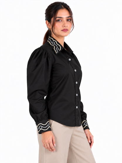 Signature Wave Black Satin Hand Embroidered Puff Sleeve Women's Shirt