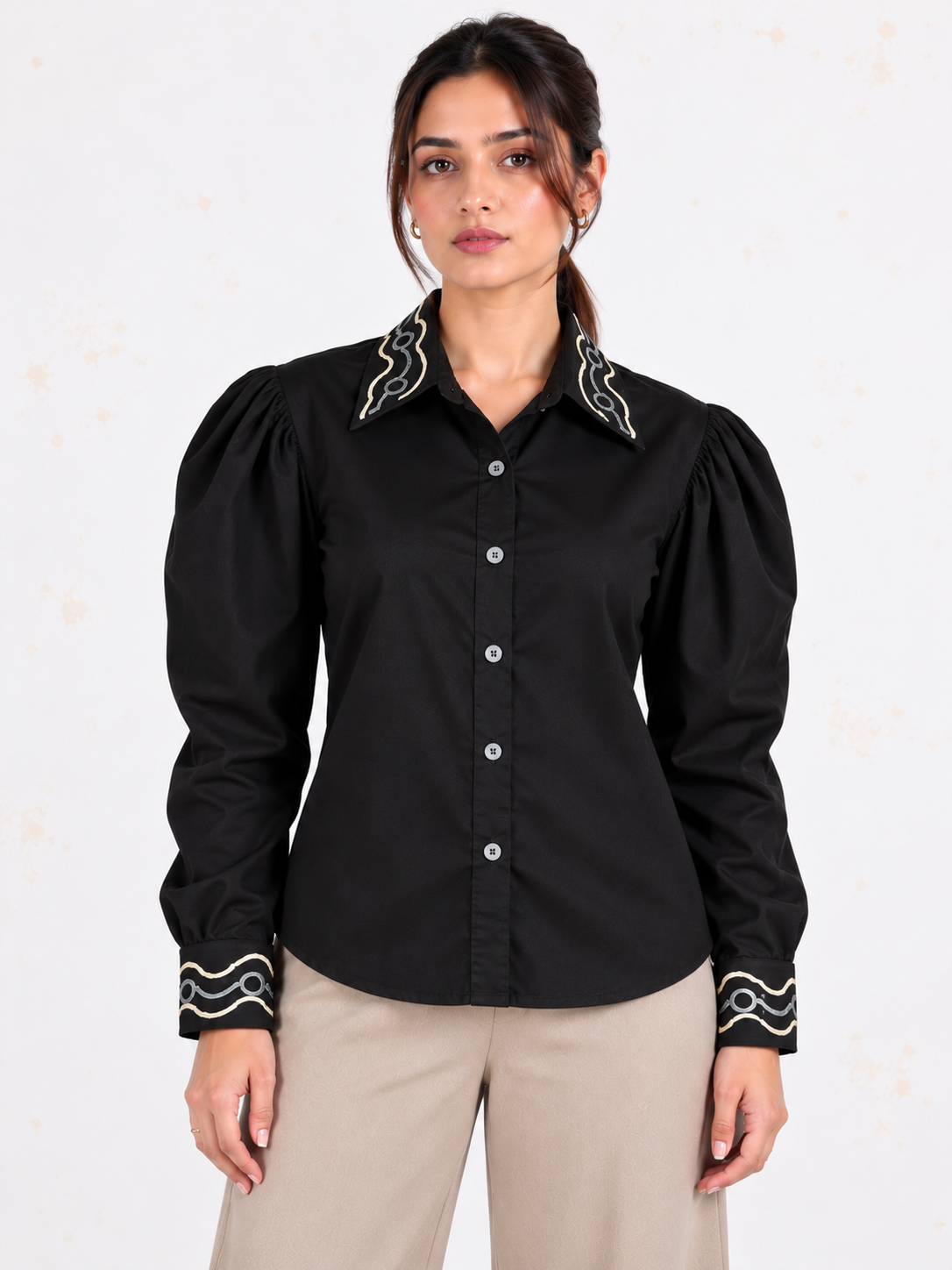 Signature Wave Black Satin Hand Embroidered Puff Sleeve Women's Shirt
