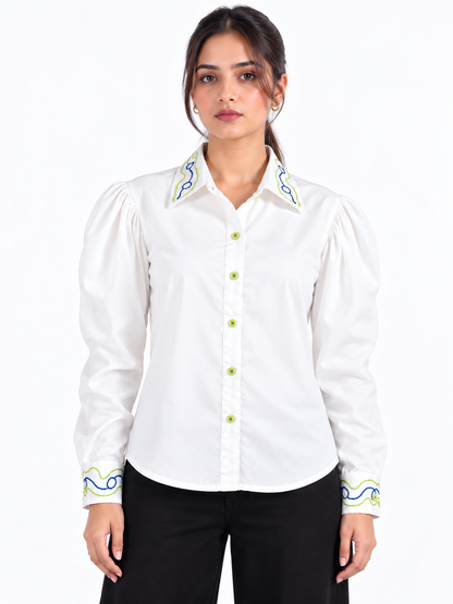 Signature Wave White Hand Embroidered Puff Sleeve Women's Shirt