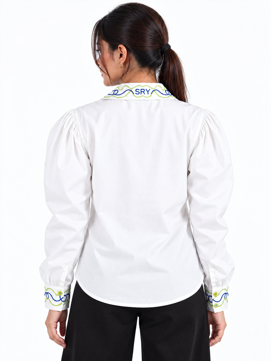 Signature Wave White Hand Embroidered Puff Sleeve Women's Shirt