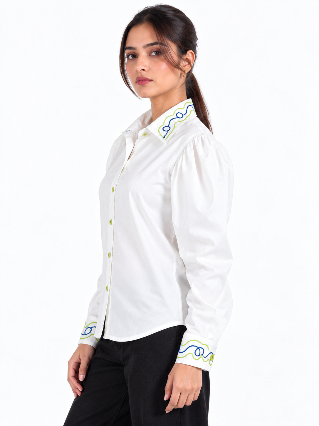 Signature Wave White Hand Embroidered Puff Sleeve Women's Shirt