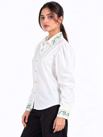 Signature Wave White Hand Embroidered Puff Sleeve Women's Shirt