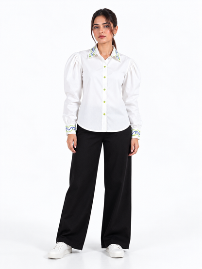 Signature Wave White Hand Embroidered Puff Sleeve Women's Shirt