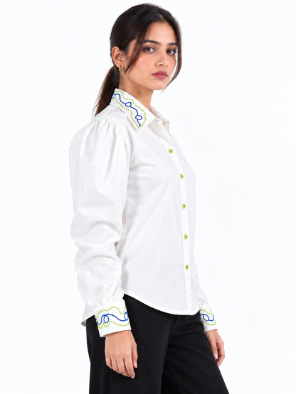 Signature Wave White Hand Embroidered Puff Sleeve Women's Shirt