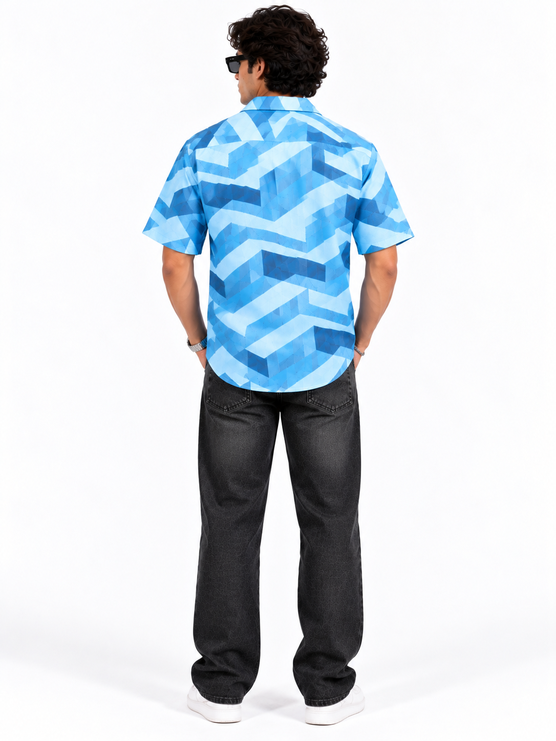 Blue Motion Geometric Printed Half Sleeve Men Shirts