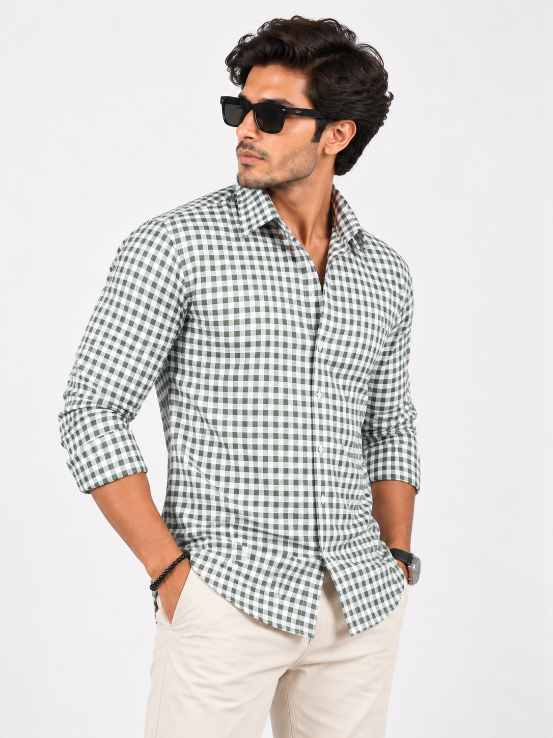 Heritage Grid Olive Green & White Checked Full Sleeve Men Shirts