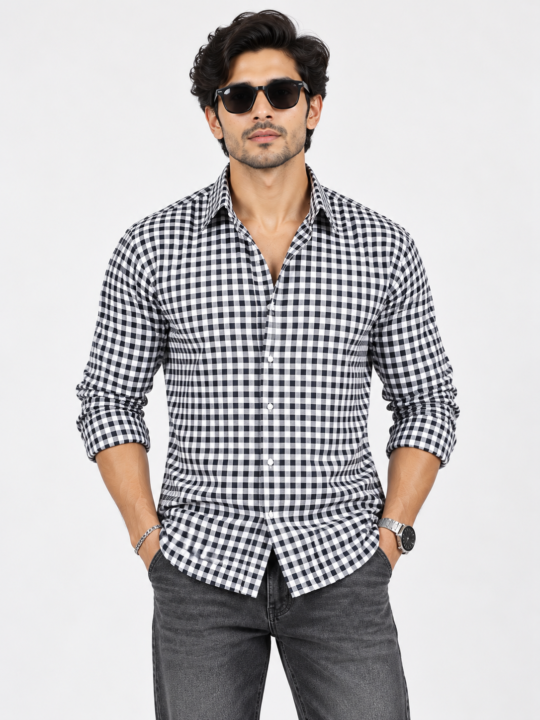 Urban Grid Black & White Checked Full Sleeve Men Shirts