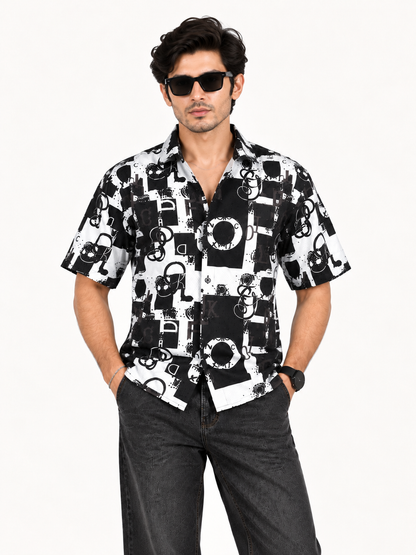 Urban Code Black & Off-White Abstract Printed Textured Men Shirts
