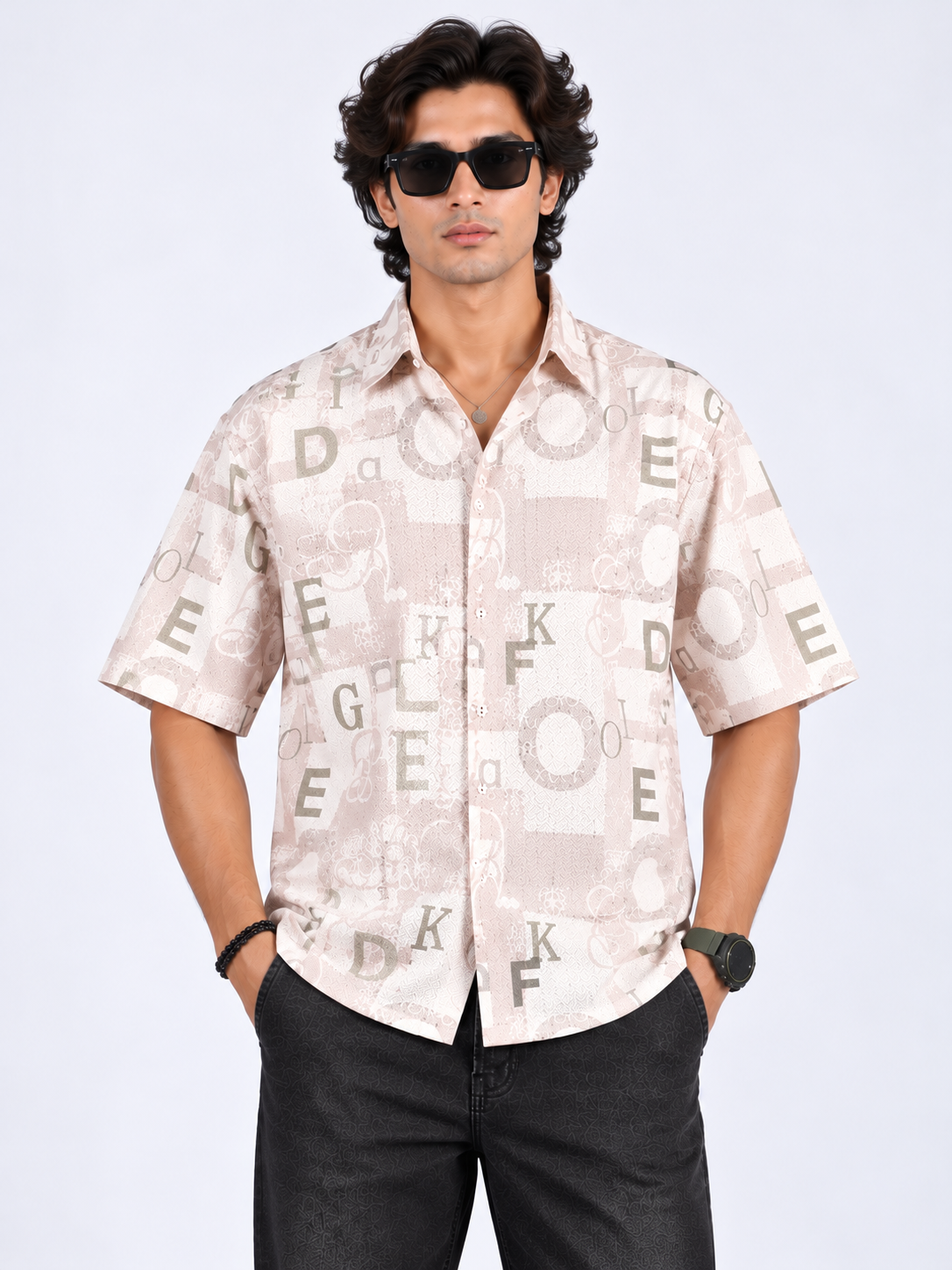 Urban Alphabet Cream Beige Printed Half Sleeve Men's Shirt