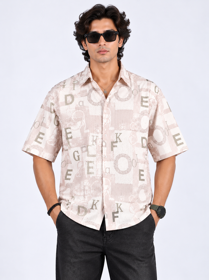 Urban Alphabet Cream Beige Printed Half Sleeve Men's Shirt