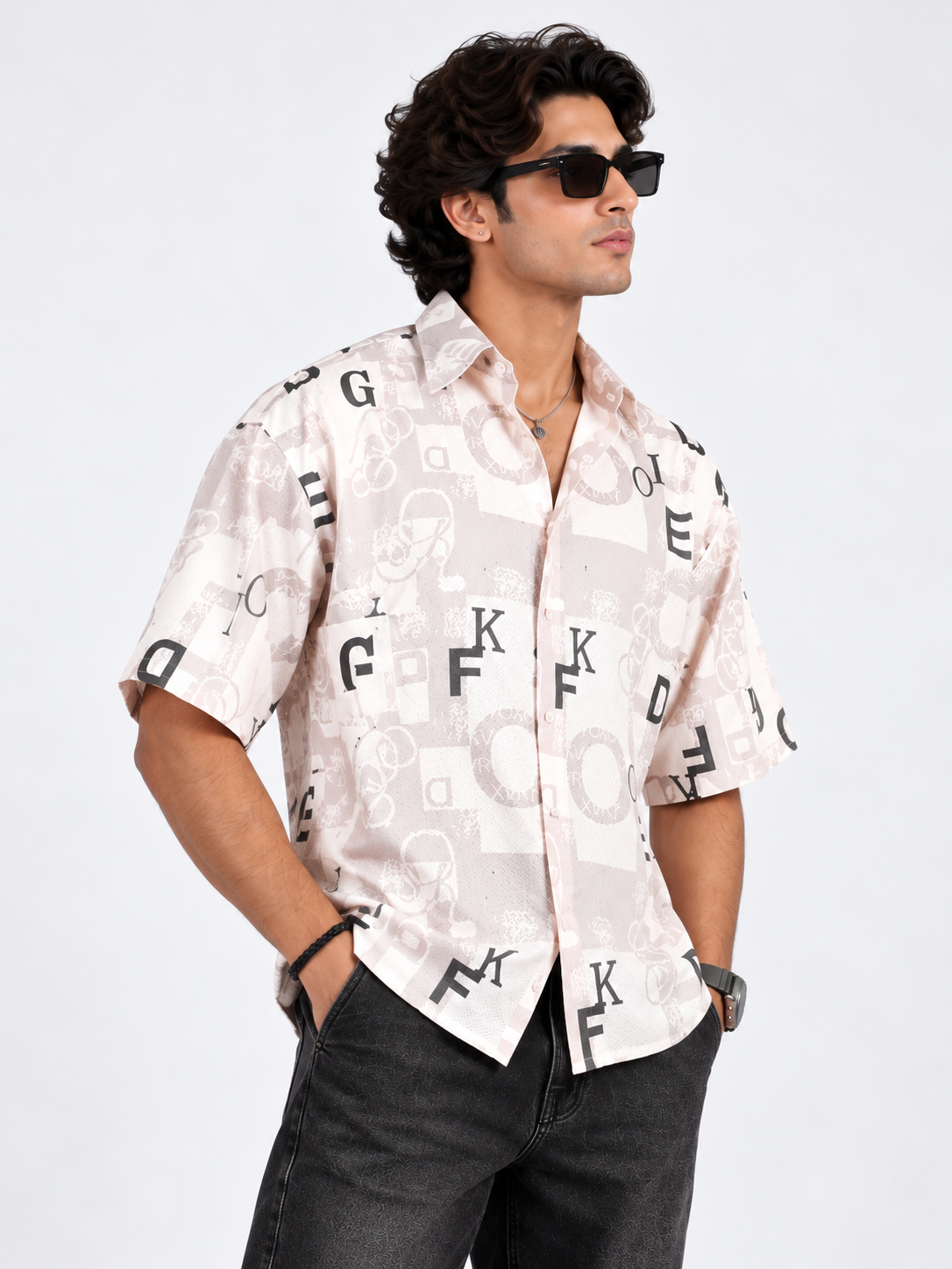 Urban Script Beige Alphabet Printed Men's Shirt