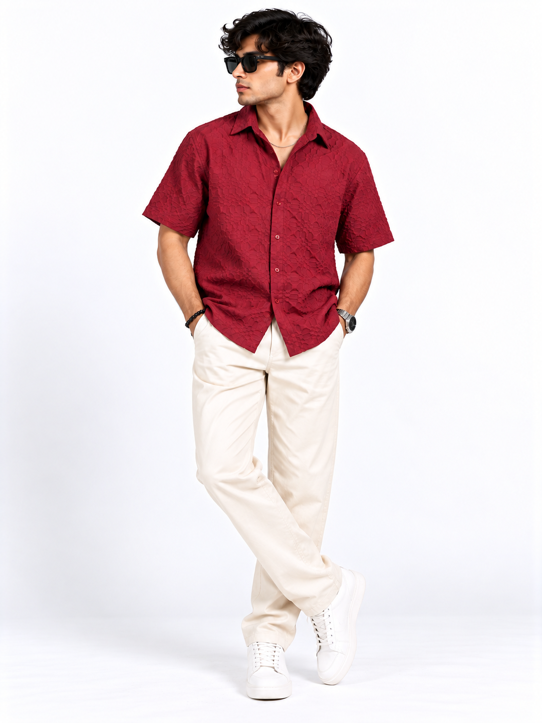 Crimson Edge Deep Red Popcorn Men Shirts