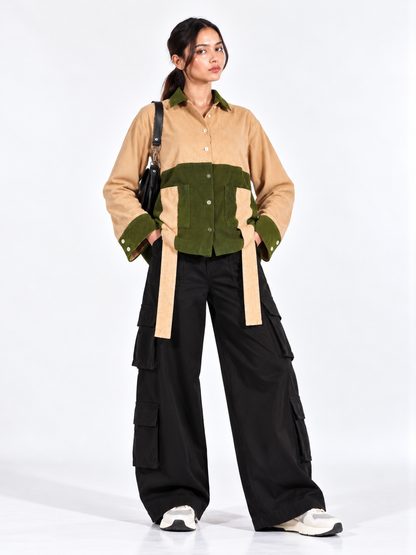 Urban Contrast Beige & Olive Green Corduroy Women's Shirt