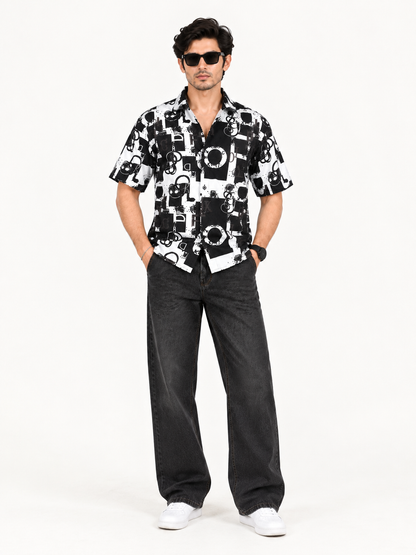 Urban Code Black & Off-White Abstract Printed Textured Men Shirts