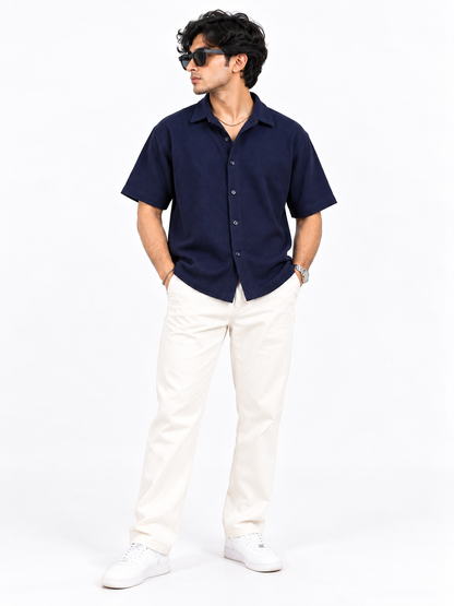 Midnight Weave Navy Blue Textured Men Shirts
