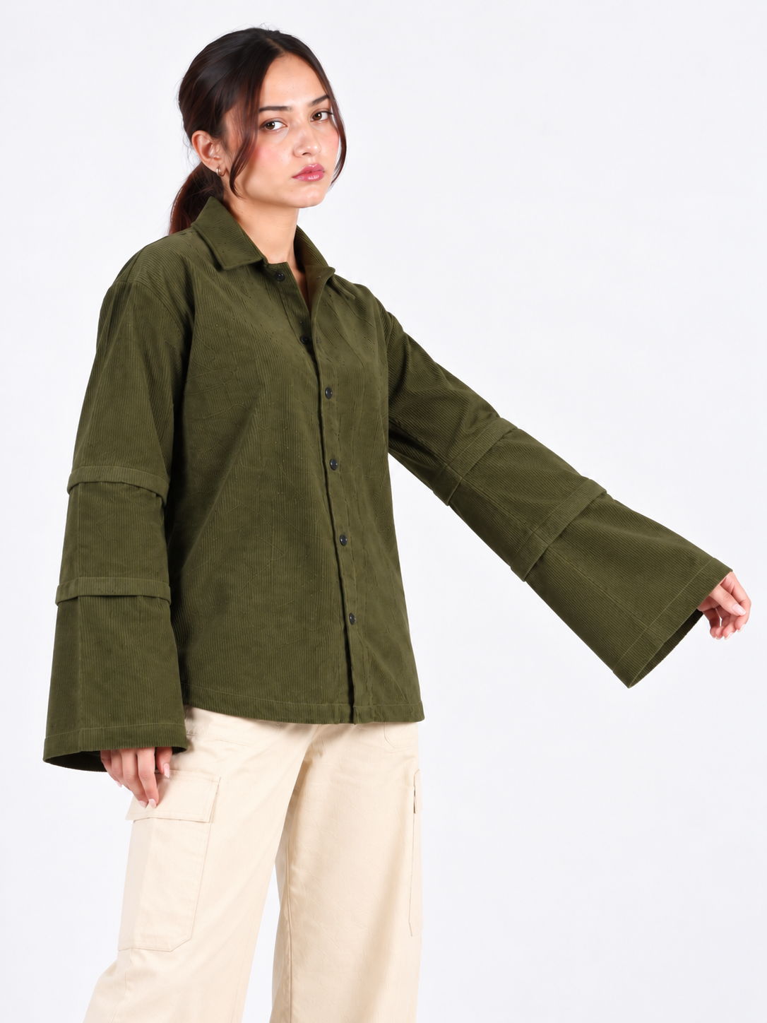 Olive Edge Corduroy Wide Sleeve Women's Shirt