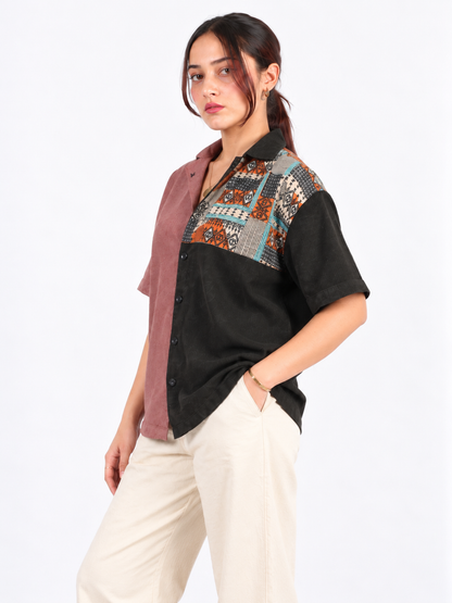 Urban Mosaic Dusty Mauve & Black Patchwork Corduroy Women's Shirt