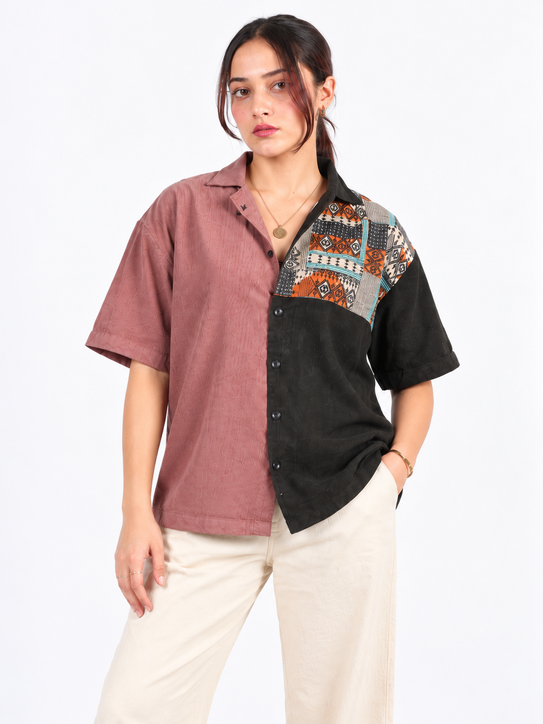 Urban Mosaic Dusty Mauve & Black Patchwork Corduroy Women's Shirt