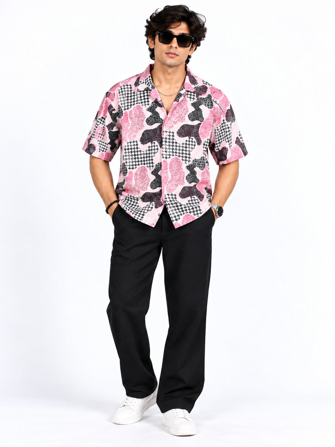 Pink Mosaic Abstract Printed Drop Shoulder Men Shirts