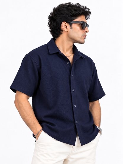 Midnight Weave Navy Blue Textured Men Shirts