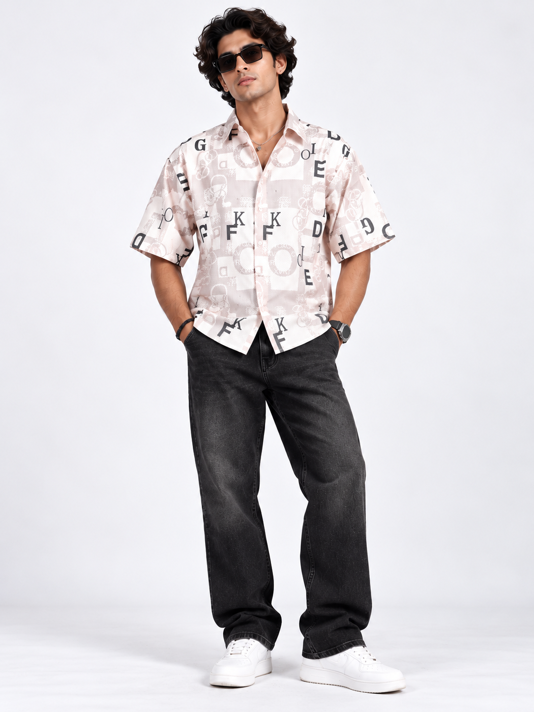 Urban Script Beige Alphabet Printed Men's Shirt