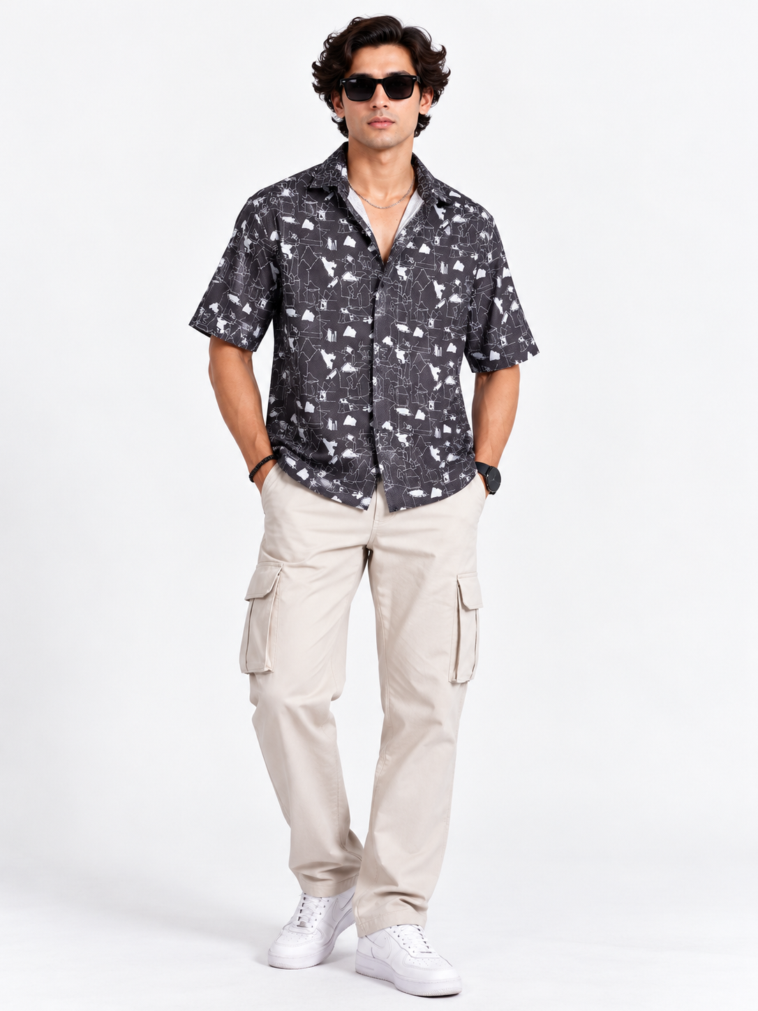 Urban Sketch Charcoal Black Abstract Printed Men's Half Sleeve Shirt**