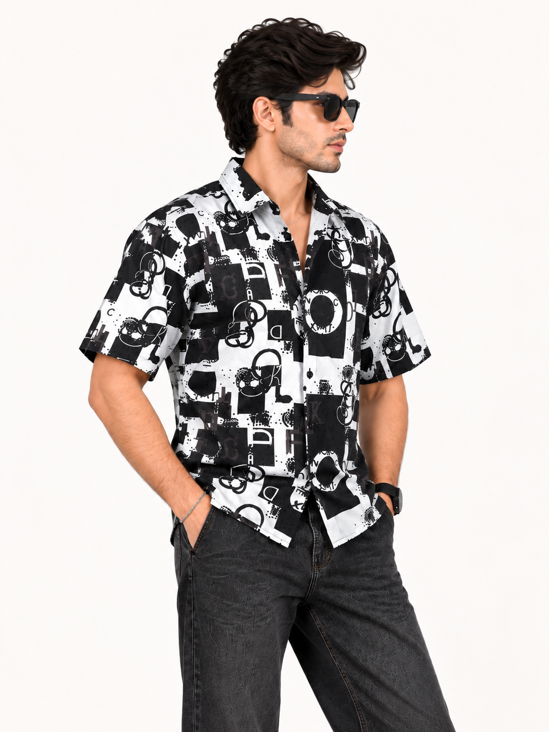 Urban Code Black & Off-White Abstract Printed Textured Men Shirts