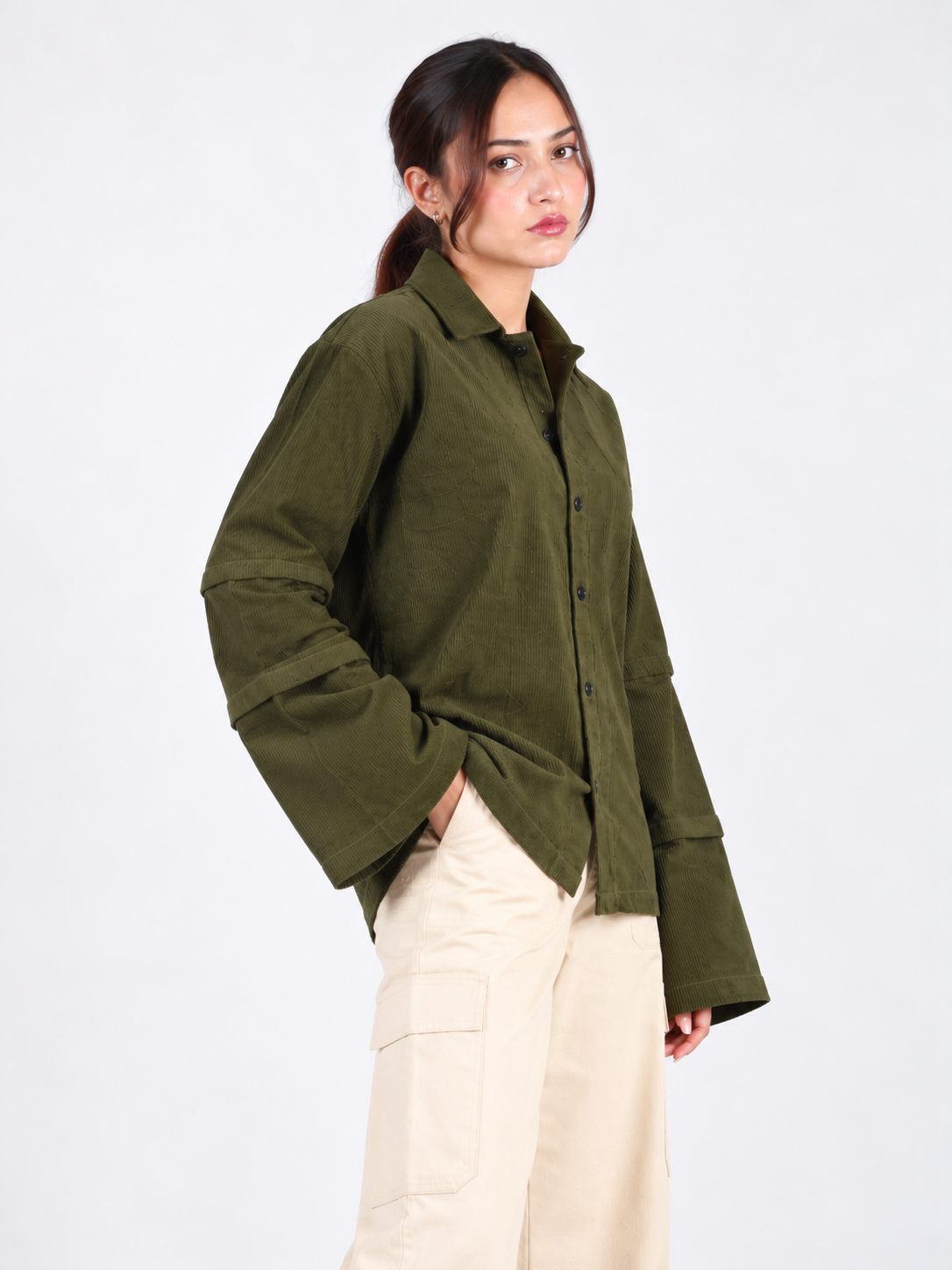 Olive Edge Corduroy Wide Sleeve Women's Shirt