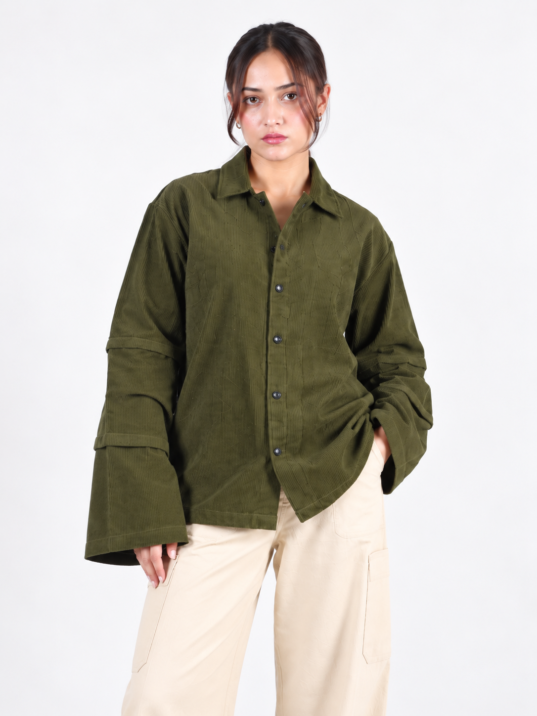 Olive Edge Corduroy Wide Sleeve Women's Shirt