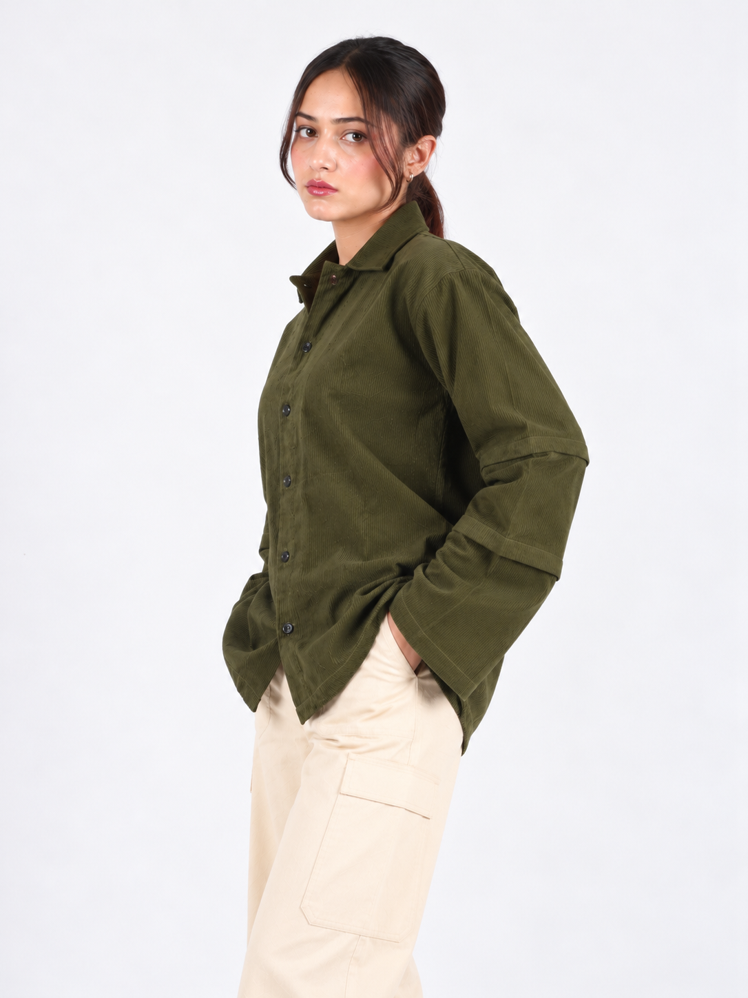 Olive Edge Corduroy Wide Sleeve Women's Shirt
