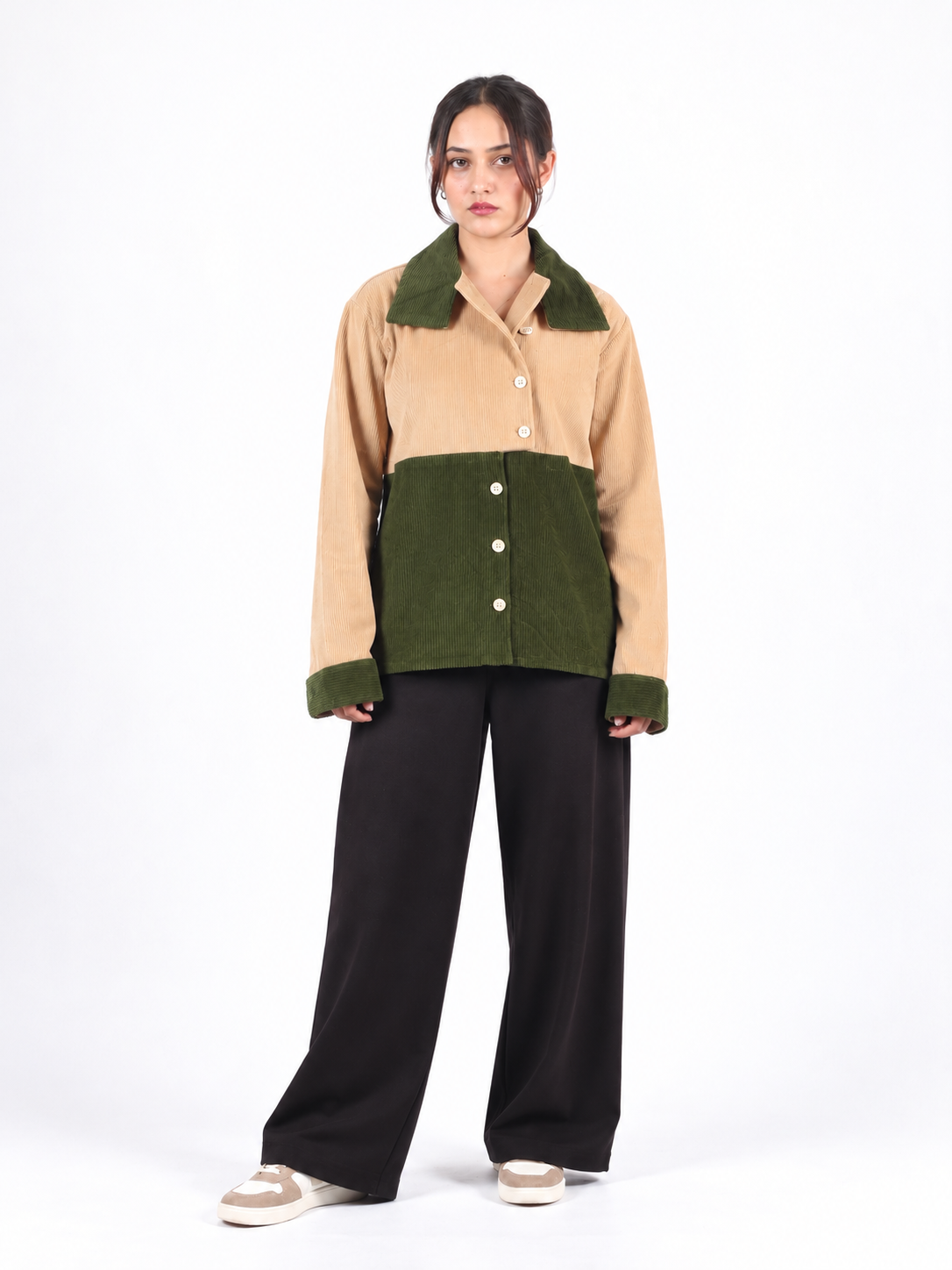 Olive Contrast Beige & Green Corduroy Women's Shirt