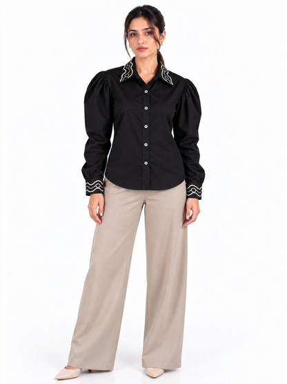 Signature Wave Black Satin Hand Embroidered Puff Sleeve Women's Shirt