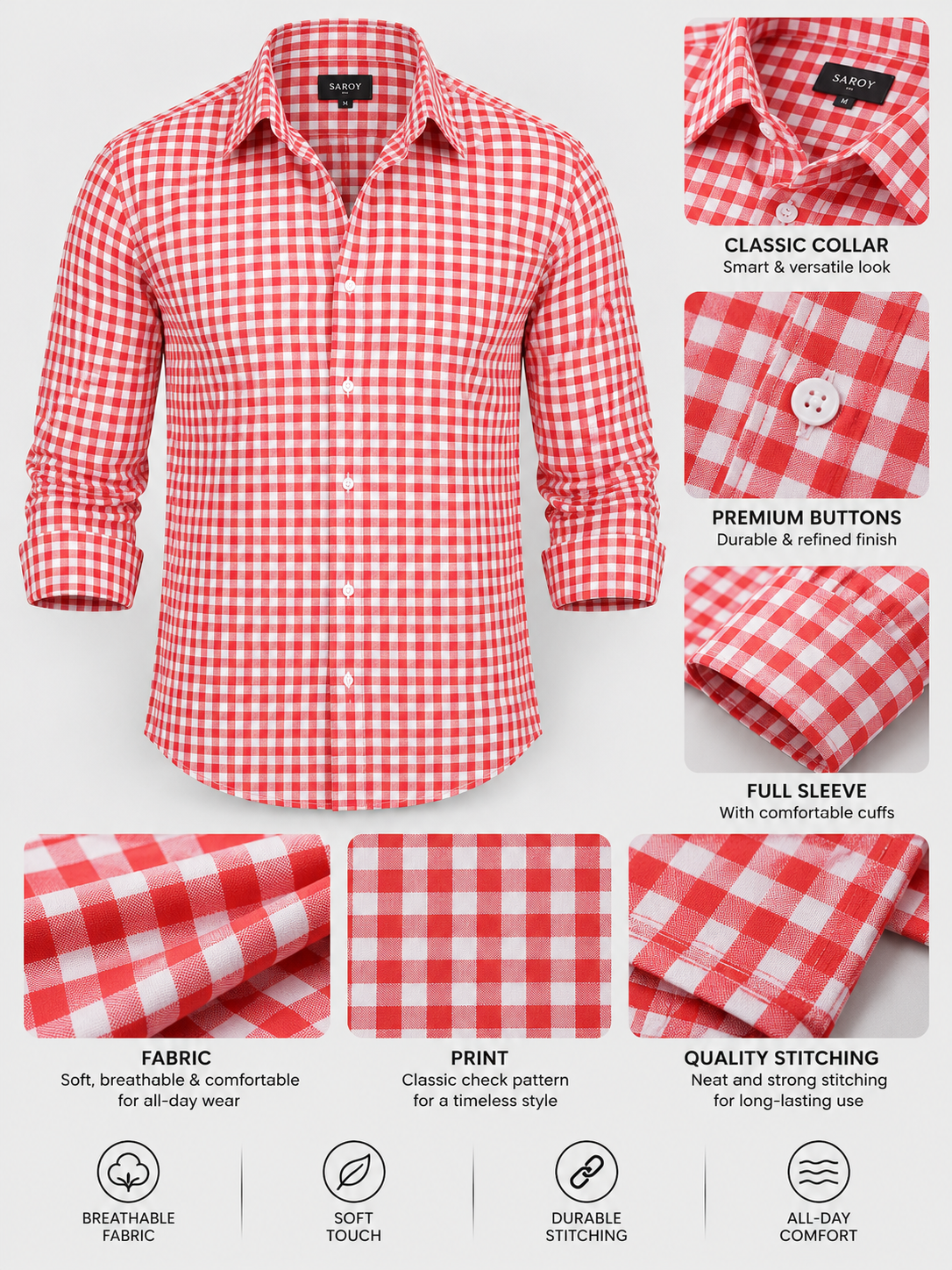 Classic Grid Red & White Checked Full Sleeve Men Shirts