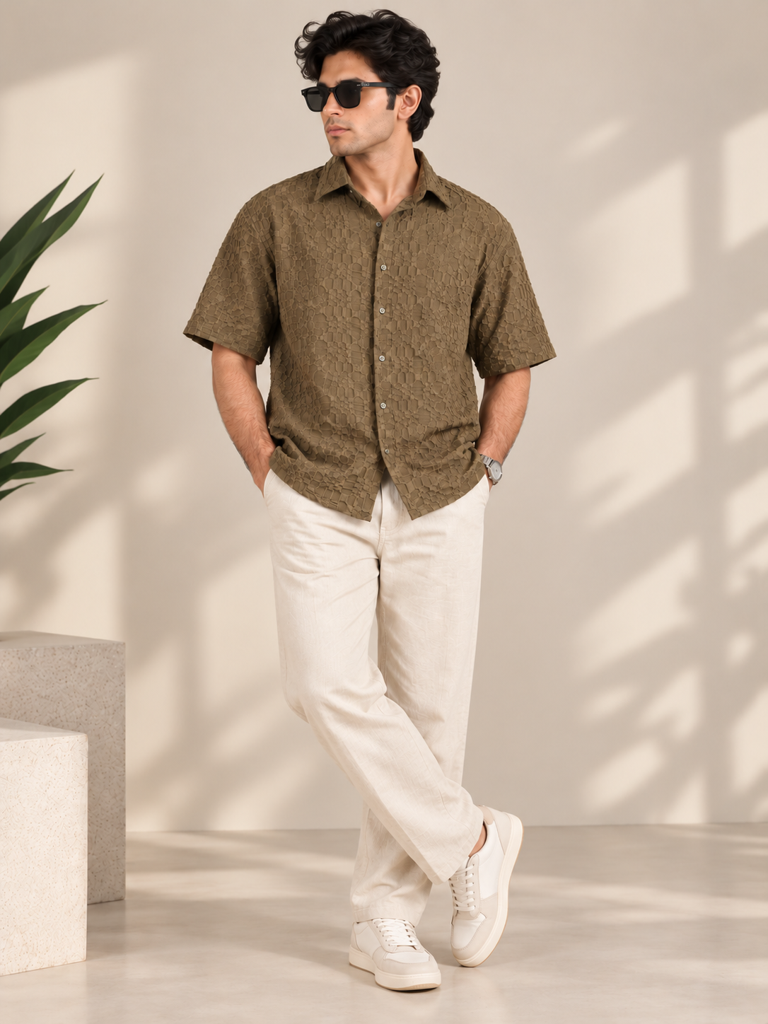 Terra Olive Popcorn Fabric Men Shirts