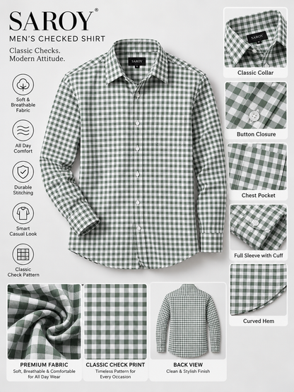 Heritage Grid Olive Green & White Checked Full Sleeve Men Shirts
