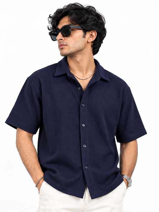 Midnight Weave Navy Blue Textured Men Shirts